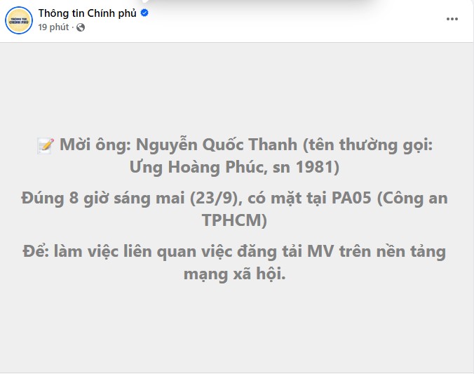 Fanpage Thông tin chính phủ gọi tên ca sĩ Ưng Hoàng Phúc trong đêm, có gì mà khiến CĐM xôn xao? fanpage thong tin chinh phu goi ten ca si ung hoang phuc trong dem co gi ma khien cdm xon