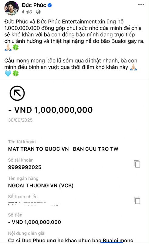 'Gia đình hoa dâm bụt' cùng loạt sao Việt ủng hộ cho bà con sau mưa lũ: Đức Phúc quyên góp 1 tỷ đồng 1 'Gia đình hoa dâm bụt' cùng loạt sao Việt ủng hộ cho bà con sau mưa lũ: Đức Phúc quyên góp 1 tỷ đồng
